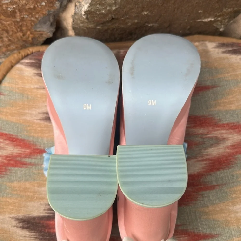 Sugar Thrillz Pastel Pink Platform Heels – Size 9M – Blue Ruffle Trim Velvet Bow